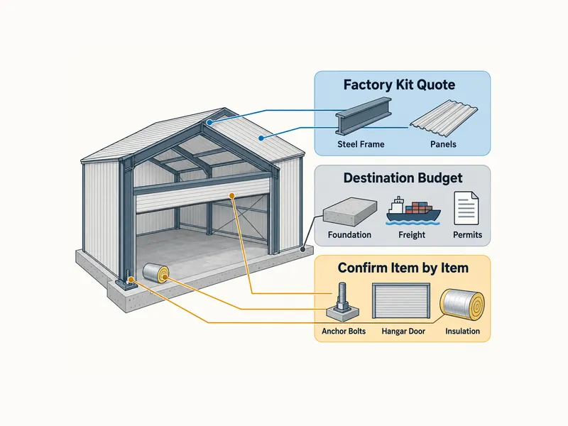 Schéma du coût de construction d’un hangar pour avions classant les postes du devis en devis du kit d’usine, budget du site de destination et postes à confirmer, avec les boulons d’ancrage et la porte de hangar dans la troisième catégorie