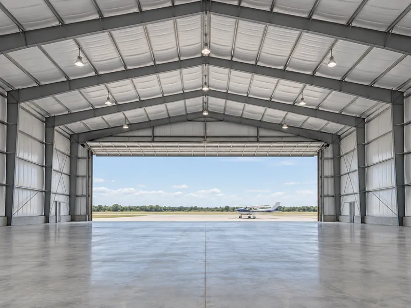 Intérieur d’un hangar en acier à portée libre sans colonnes internes, montrant la large baie de porte et les longs portiques de toiture qui déterminent le coût de construction d’un hangar pour avions