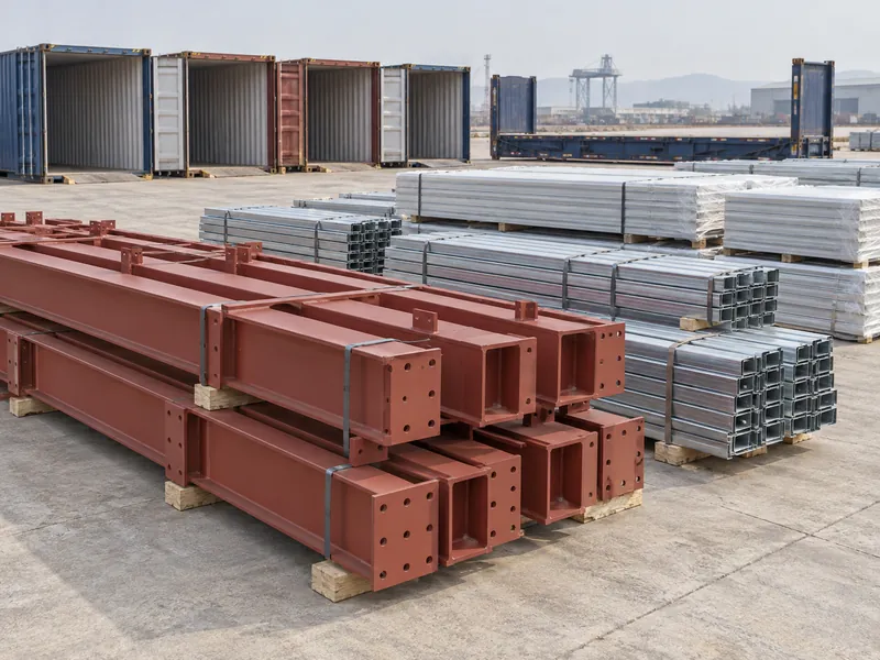 Kit export pour un hangar pour avions préfabriqué : portiques en acier, pannes et panneaux de toiture emballés pour l’expédition, conformément au périmètre du devis d’usine