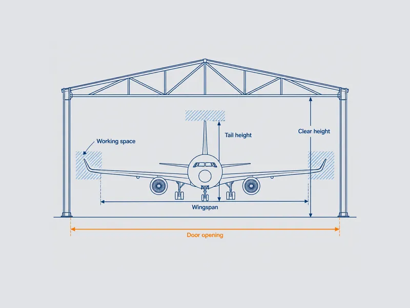 Schéma en coupe pour la conception d’un hangar d’aéronefs montrant comment l’envergure, la hauteur de dérive et l’espace de travail autour de l’aéronef déterminent la baie de porte et la hauteur libre
