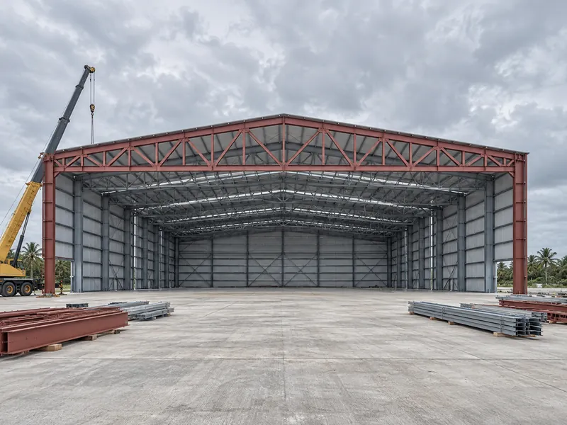 Conception d’un hangar d’aéronefs en cours de construction : fermes de toiture en acier à grande portée et poutre de rive de porte le long du côté ouvert, avant la pose de la porte du hangar.