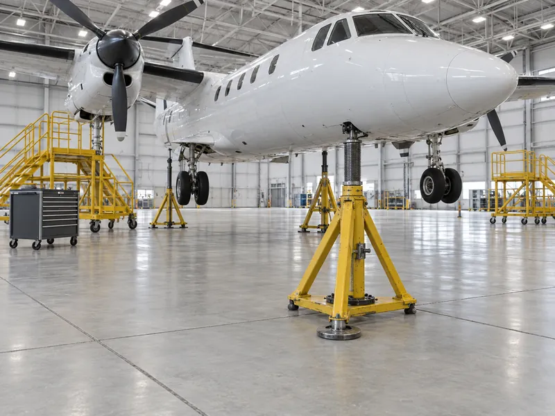 Conception d’un hangar d’aéronefs pour les charges d’exploitation du dallage : un aéronef sur crics de maintenance au-dessus d’un dallage en béton lisse, avec les roues du train d’atterrissage principal et des échafaudages de maintenance à proximité.