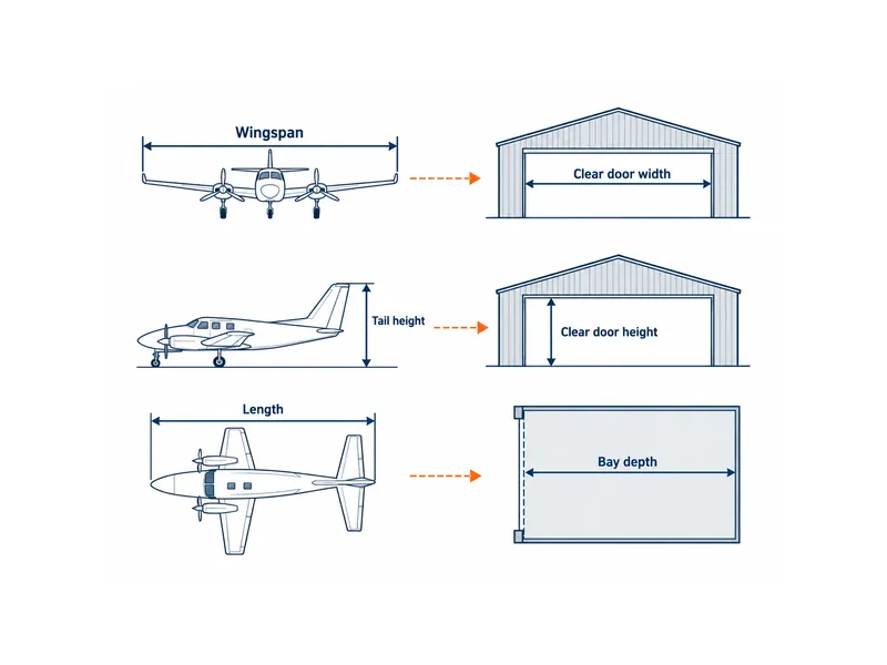 Datos de entrada de la tabla de tamaños de hangares para aeronaves: diagrama que relaciona la envergadura, la altura de cola y la longitud de la aeronave con la anchura libre de puerta, la altura libre de puerta y la profundidad de nave