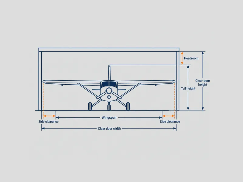 Comprobación de puerta en la tabla de tamaños de hangares para aeronaves: alzado frontal de una aeronave pequeña en la puerta de un hangar, con el margen lateral y el resguardo vertical añadidos a la envergadura y la altura de cola