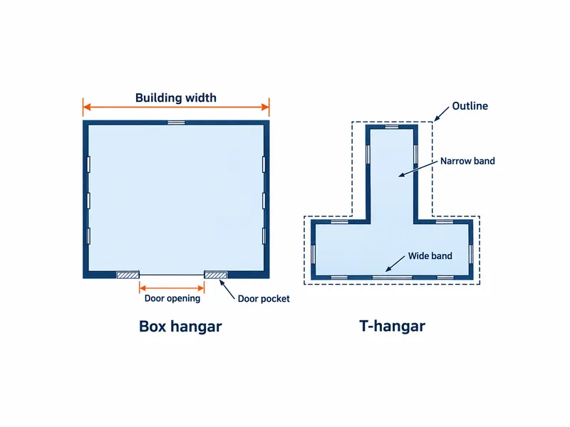 Dimensiones de un hangar para aeronaves en planta: un hangar rectangular cuyo hueco de puerta es más estrecho que la anchura del edificio, junto a un hangar en T con una banda ancha y una banda estrecha