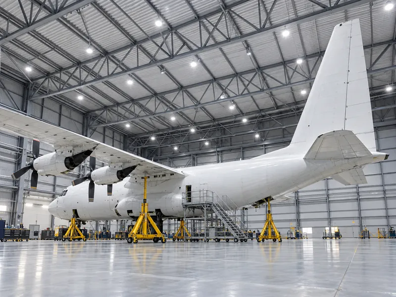 Tamaño de hangar para mantenimiento: un avión de transporte turbohélice blanco liso elevado sobre gatos en una nave alta de hangar de acero, que muestra por qué la altura sobre gatos determina la altura libre