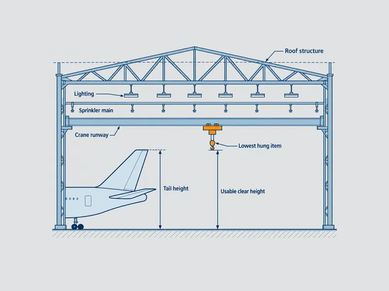 Diagramme en coupe de hangars de maintenance d’aéronefs montrant la hauteur libre utilisable mesurée depuis le sol jusqu’à l’élément suspendu le plus bas sous la charpente de toiture, comparée à la hauteur de dérive.