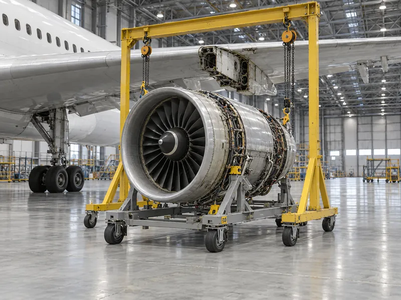 Remplacement de moteur dans un hangar de maintenance d’aéronefs : un turboréacteur descendu de sous l’aile sur un berceau de transport, avec un espace libre au sol autour du cadre de levage.