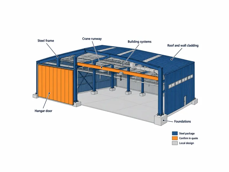 Diagramme de périmètre pour les hangars de maintenance d’aéronefs séparant la charpente métallique et le lot bardage de la porte du hangar, de la poutre de roulement, des lots techniques et des fondations, à confirmer dans le devis.