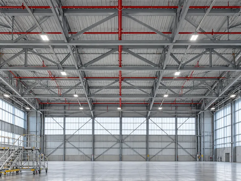 Protection incendie dans un hangar de maintenance d’aéronefs : tuyauterie d'extinction rouge installée sous les fermes de toiture en acier à grande portée, au-dessus du sol d’une zone de maintenance ouverte.