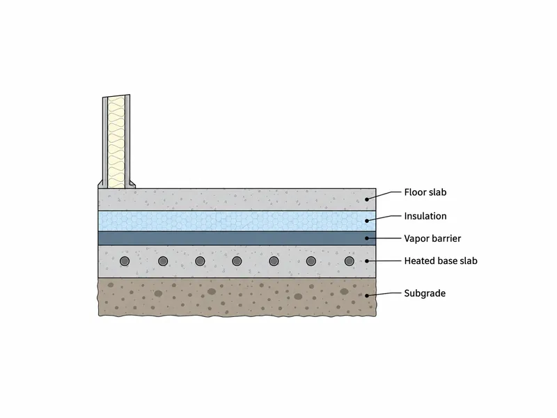 Schéma en coupe d’un plancher de chambre froide négative en dalle sur terre-plein dans un entrepôt frigorifique, avec dalle, isolation thermique, pare-vapeur et dalle chauffante au-dessus de la plateforme de fondation