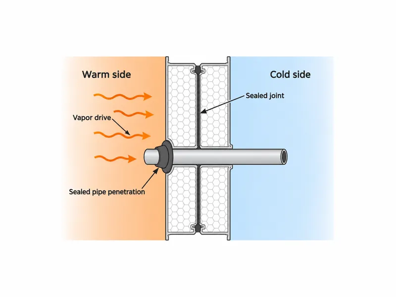 Diagrama de una pared de paneles para cámara frigorífica con flujo de vapor desde el lado cálido hacia el lado frío, una junta de panel sellada y un paso de tubería sellado