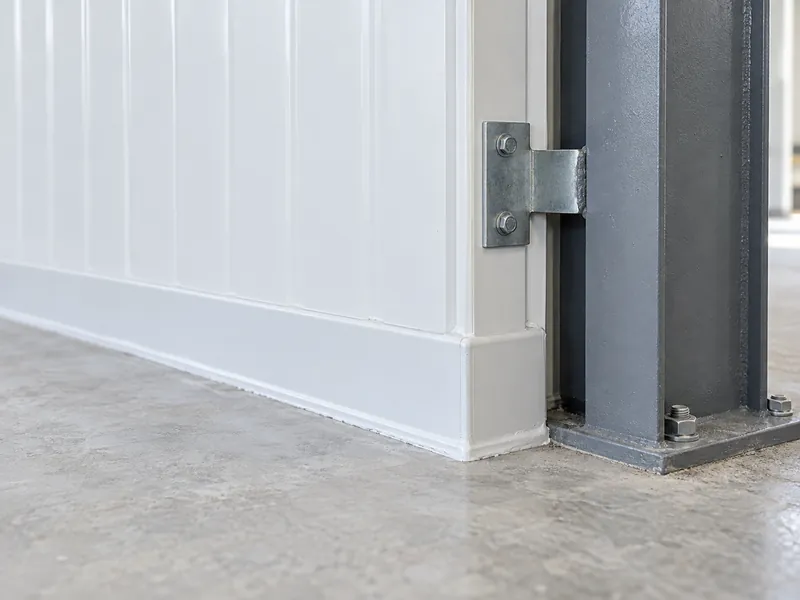 Detalle de la base de una pared de paneles para cámara frigorífica que apoya en la losa de suelo junto a una columna de acero, con juntas selladas a lo largo de la transición de pared a suelo
