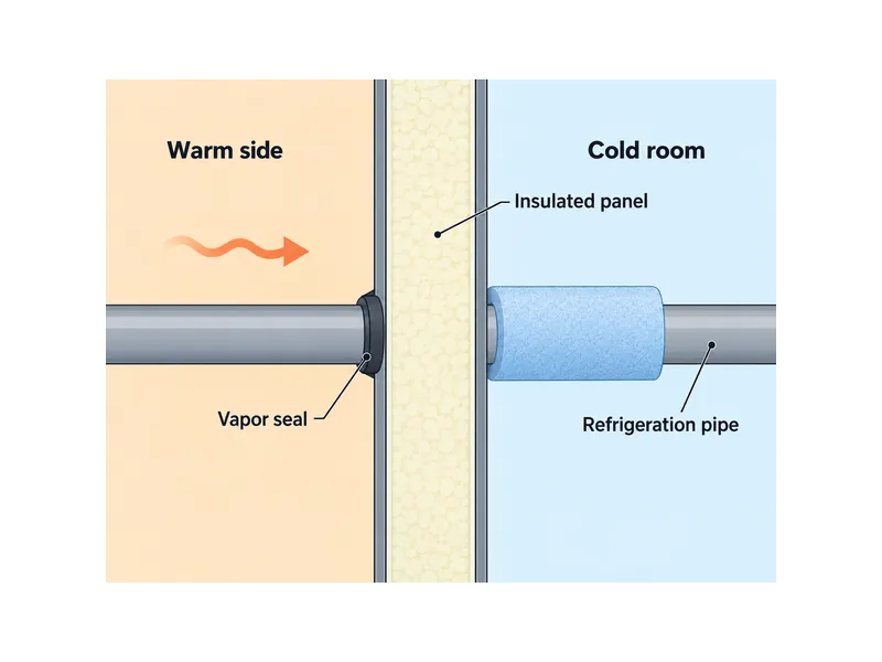Coupe d'un tuyau de réfrigération traversant un panneau de paroi isolé de chambre froide, avec indication du côté chaud, de la chambre froide et du joint pare-vapeur continu pour la conception d'un entrepôt frigorifique