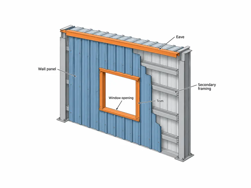 Diagrama en corte de un sistema de muro de edificio metálico comercial que muestra paneles metálicos de pared comerciales, estructura secundaria, remates en una abertura de ventana y el alero.