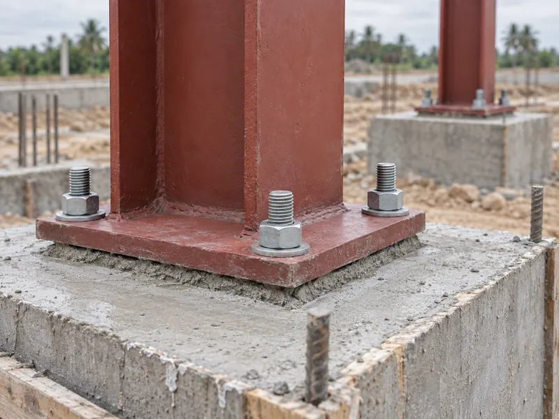 Placa base de columna de acero sobre pernos de anclaje en una cimentación de concreto nueva; una partida de interfaz que debe asignarse en el presupuesto de costos de un edificio comercial de acero.