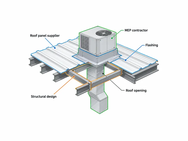 Diagrama de una abertura de HVAC montada en la cubierta de un edificio comercial de acero, que muestra la interfaz compartida entre los paneles de cubierta, la estructura y las instalaciones MEP en el presupuesto de costos.