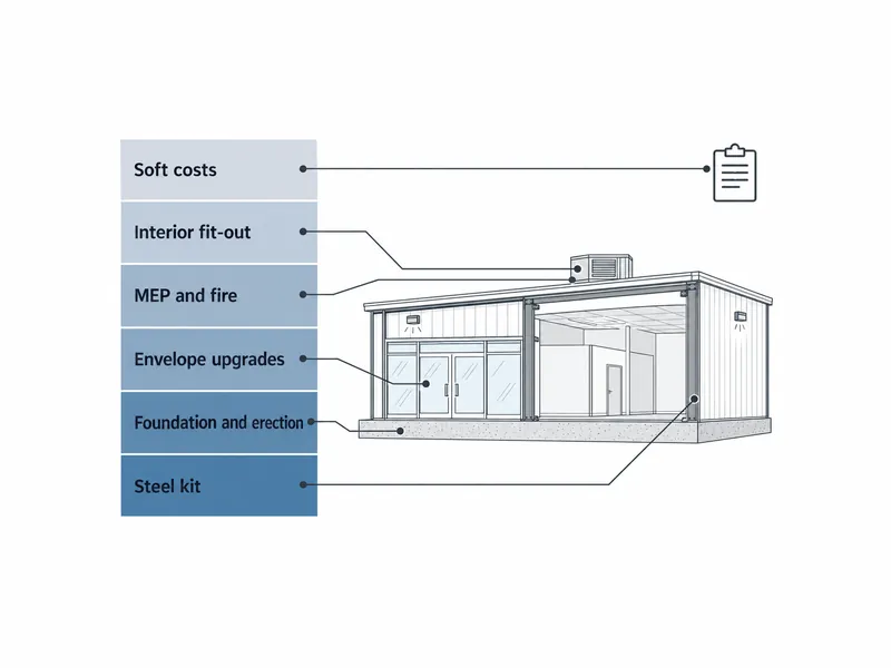 Diagrama apilado de las seis capas de costos de un edificio comercial de acero, desde el kit de acero y la cimentación hasta las instalaciones MEP, los acabados interiores y los costos blandos.