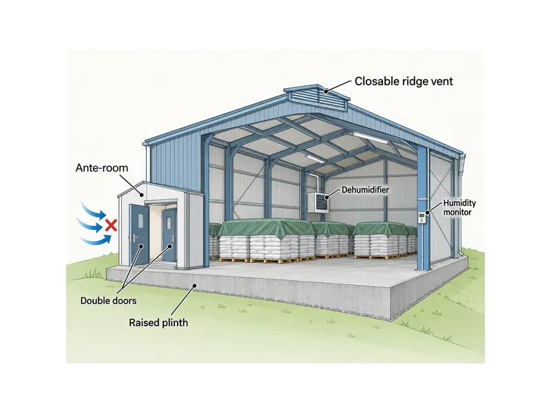 Diagrama en corte de un edificio de almacén de fertilizantes con antecámara, doble puerta, zócalo elevado, ventilación de cumbrera cerrable, deshumidificador y monitor de humedad