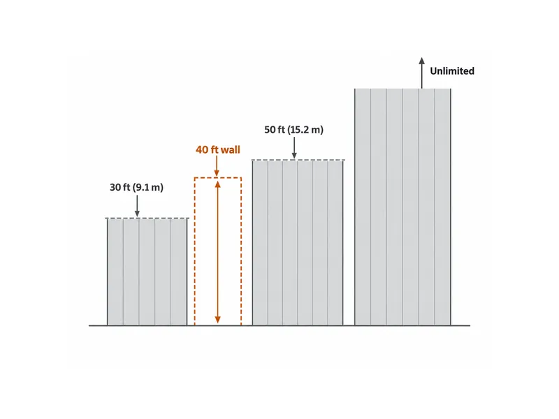 Schéma des classes de hauteur FM 4880 pour les panneaux métalliques isolés coupe-feu : 30 ft, 50 ft et hauteurs de mur illimitées, comparées à un mur d'entrepôt de 40 ft