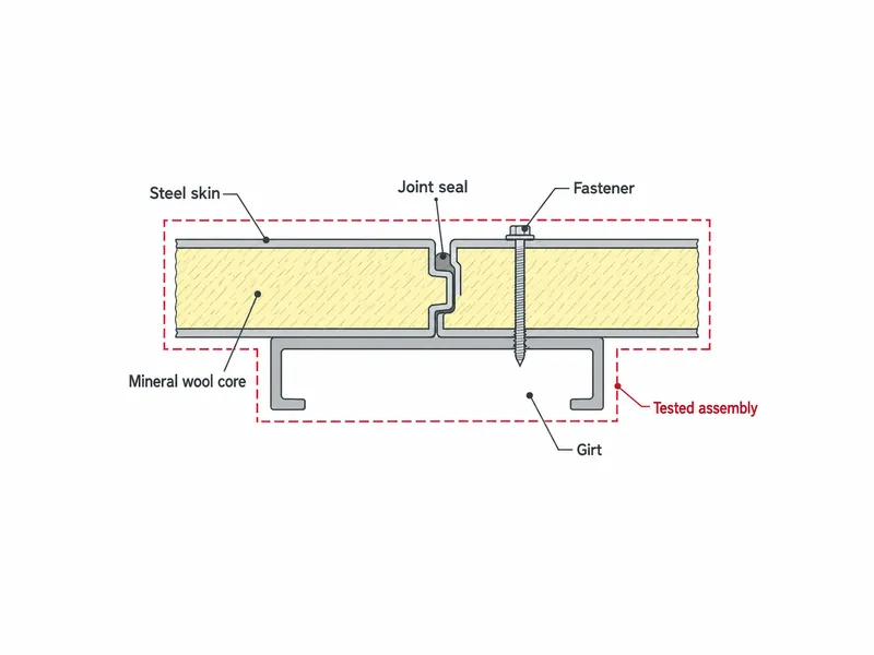 Schéma en coupe d'un ensemble constructif de panneau métallique isolé coupe-feu montrant les parements métalliques en acier, l'âme en laine minérale, le joint d'étanchéité, la fixation et la lisse comme une seule construction testée