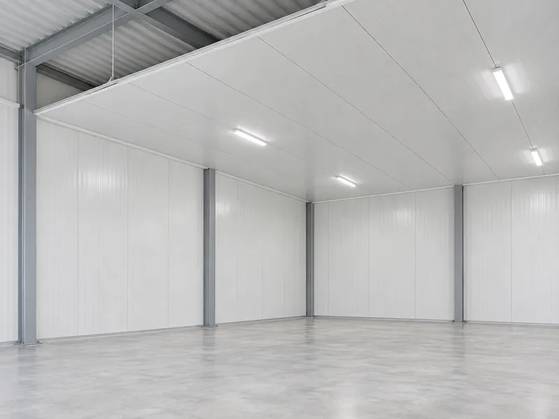 Intérieur d'un bâtiment de stockage avec des panneaux métalliques isolés résistants au feu sur les murs et au plafond, l'usage en mur et en plafond nécessitant des vérifications de classement distinctes