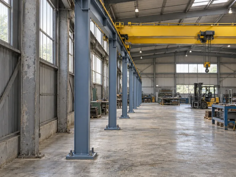 Poutre de roulement autoportante sur ses propres poteaux en acier à l’intérieur d’un bâtiment industriel existant équipé d’un pont roulant, dégagée des poteaux d’origine du bâtiment