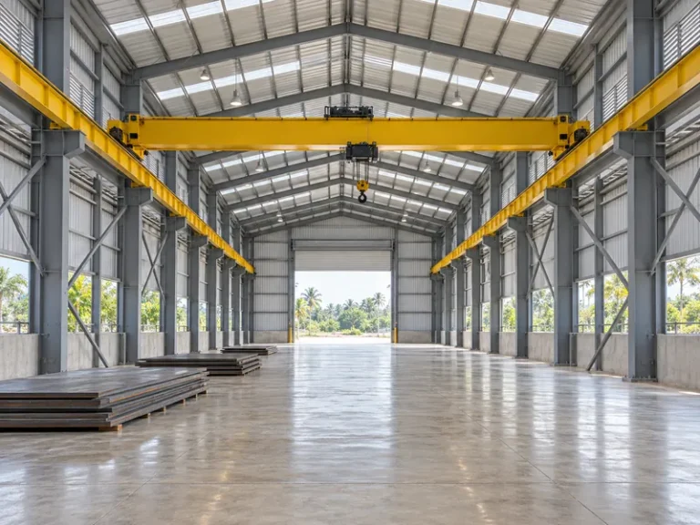 Edificio con puente grúa industrial: datos del puente grúa que necesita el pórtico de acero