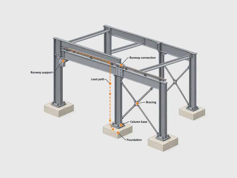 Schéma en écorché d’une travée de bâtiment industriel équipé d’un pont roulant indiquant le support de poutre de roulement, le raccordement de la poutre de roulement, le cheminement des charges dans le contreventement, le pied de poteau et la fondation
