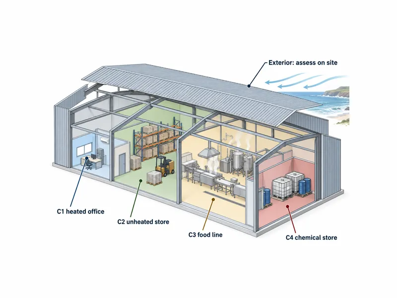 Diagramme en coupe d'un bâtiment industriel en acier montrant les zones de protection contre la corrosion, d'un bureau chauffé C1 à un entrepôt de produits chimiques C4 sous un même toit
