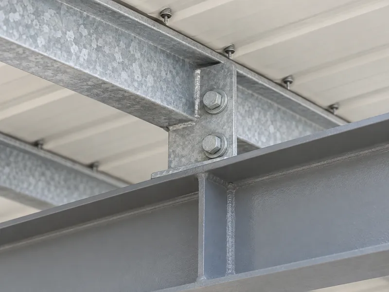 Gros plan d'une panne galvanisée à chaud boulonnée sur un arbalétrier de portique peint, montrant les groupes d'éléments que la protection contre la corrosion des bâtiments industriels en acier traite séparément