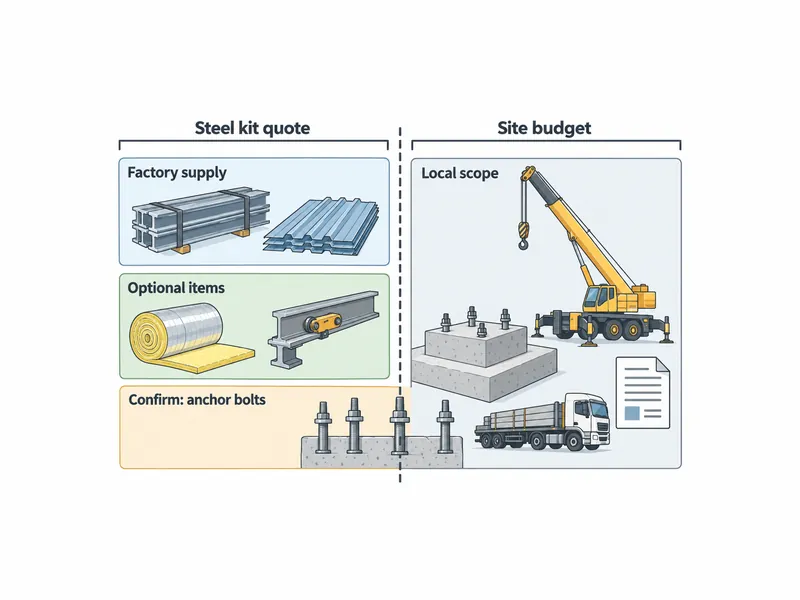 Diagrama de las cuatro capas presupuestarias detrás de los precios de los edificios industriales de acero, desde el suministro de fábrica y los artículos opcionales hasta los pernos de anclaje y el alcance local en el sitio de destino