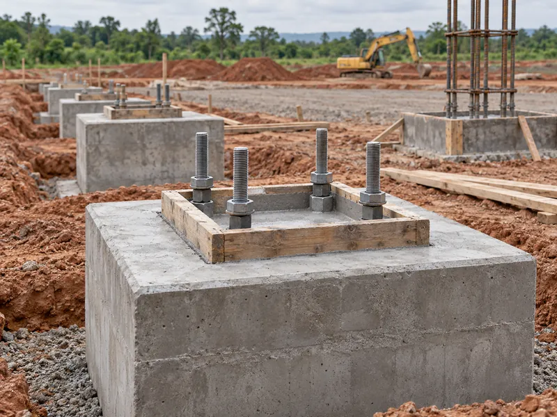 Zapata de columna de hormigón armado con pernos de anclaje embebidos a la espera de una columna de acero: una de las obras locales cuyo precio se calcula por separado de los precios de los edificios industriales de acero.
