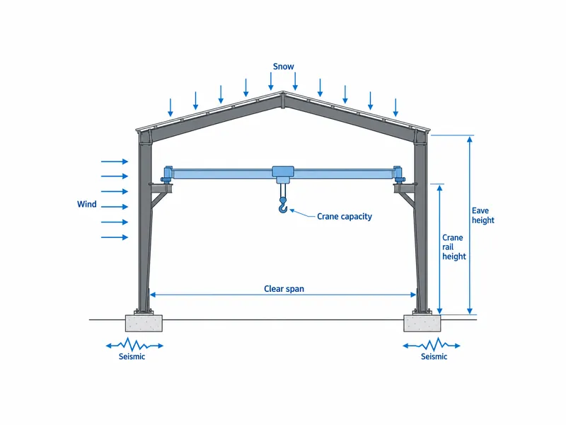 Sección transversal de un pórtico con puente grúa que marca la luz libre, la altura de alero, la altura de riel del puente grúa y las cargas del sitio: los datos de diseño que modifican los precios de los edificios industriales de acero.