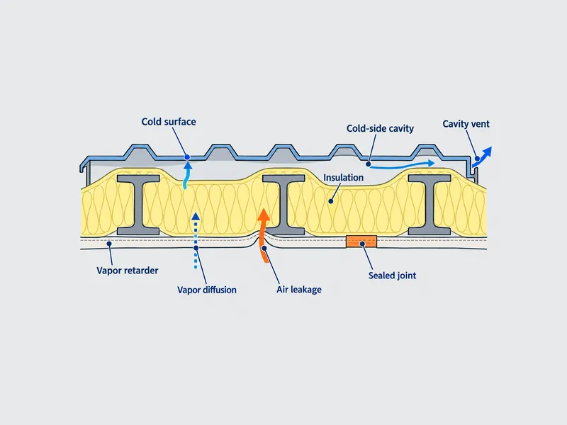 Schéma en coupe d'une toiture métallique associant les couches de maîtrise de la condensation d'un bâtiment métallique aux surfaces froides, à la diffusion de vapeur, aux fuites d'air et aux lames d'air côté froid