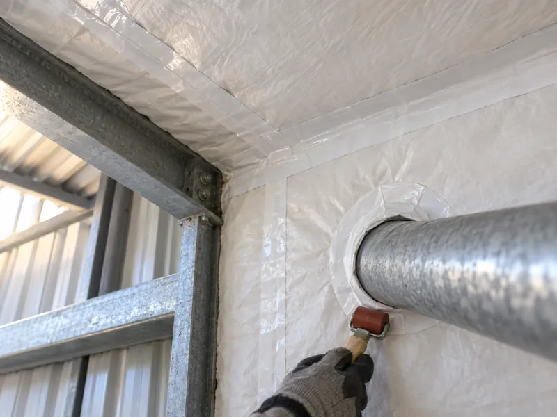 Vue intérieure d'une jonction toiture-mur avec joints du revêtement d'isolation scellés au ruban et pénétration de conduite étanche, point de fuite d'air dans la maîtrise de la condensation des bâtiments métalliques