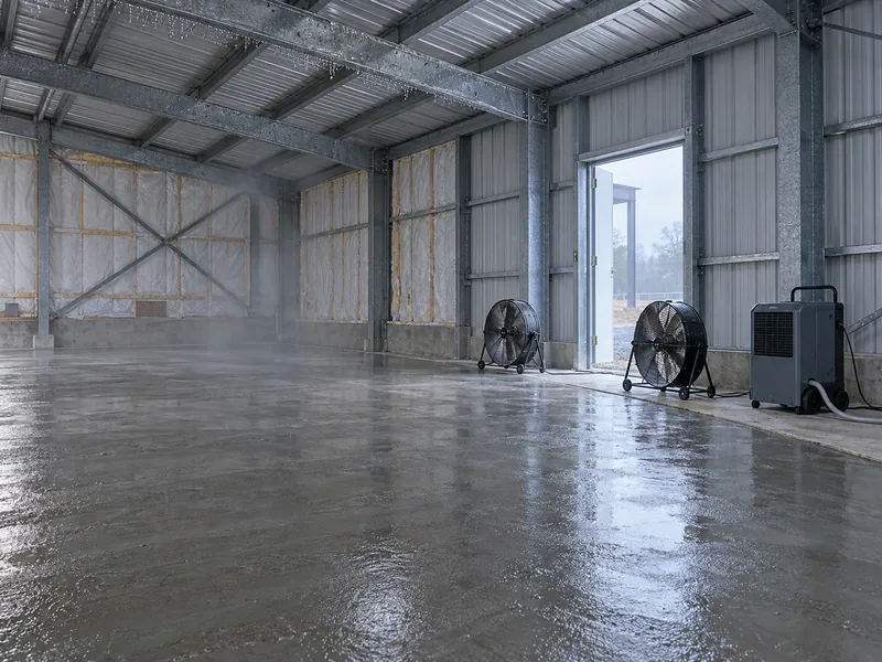 Dalle en béton fraîchement coulée en cours de cure à l'intérieur d'un bâtiment en acier fermé, avec ventilateurs et déshumidificateur : une source d'humidité en phase de construction pour la maîtrise de la condensation des bâtiments métalliques