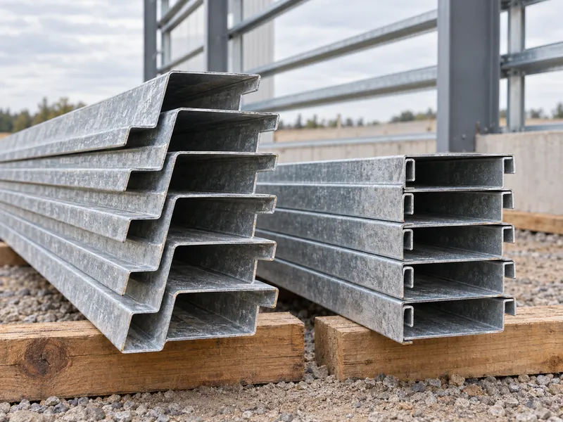 Largueros de fachada de nave industrial metálica de perfiles Z y C de acero galvanizado conformado en frío apilados en obra, donde se aprecian las distintas formas de las alas de ambos perfiles de larguero de fachada