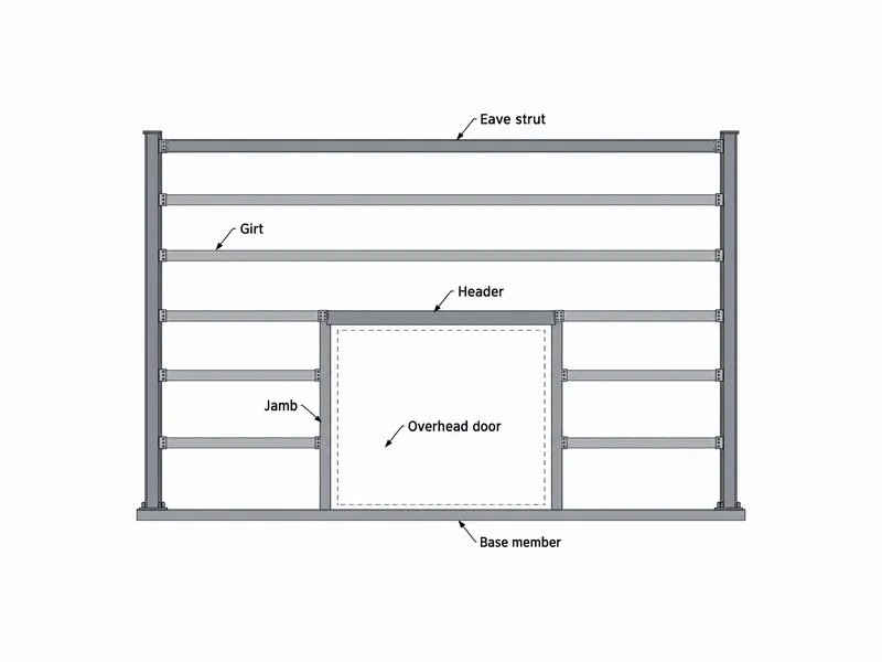 Diagrama del alzado de fachada de una nave industrial metálica en el que los largueros de fachada se detienen en las jambas de una puerta basculante, con el dintel por encima y el larguero de alero y el perfil de base en los bordes del muro