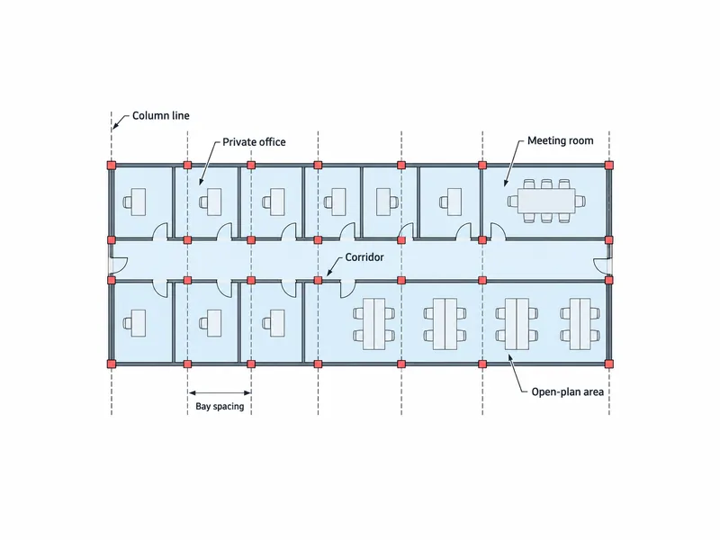 Diagrama de planta de planos de oficinas en edificios metálicos con despachos privados, salas de reuniones y un pasillo alineado con los ejes de pilares y la separación entre crujías