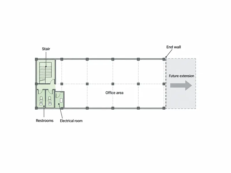 Diagrama de planta de planos de oficinas en edificios metálicos que agrupan la escalera, los aseos y el cuarto eléctrico como un único núcleo alejado de la pared de extremo reservada para la ampliación