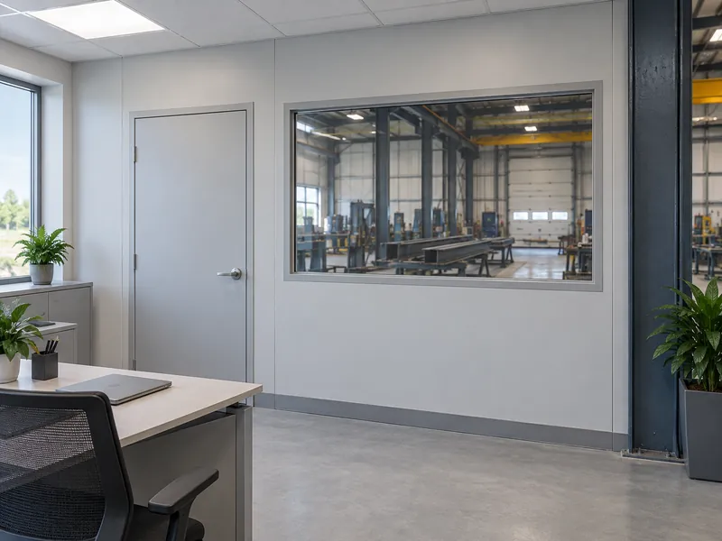 Lado de oficina de un tabique divisorio sobre un eje de pilares en planos de planta de oficinas en naves metálicas, con una puerta interior y una ventana de visión hacia la nave de trabajo