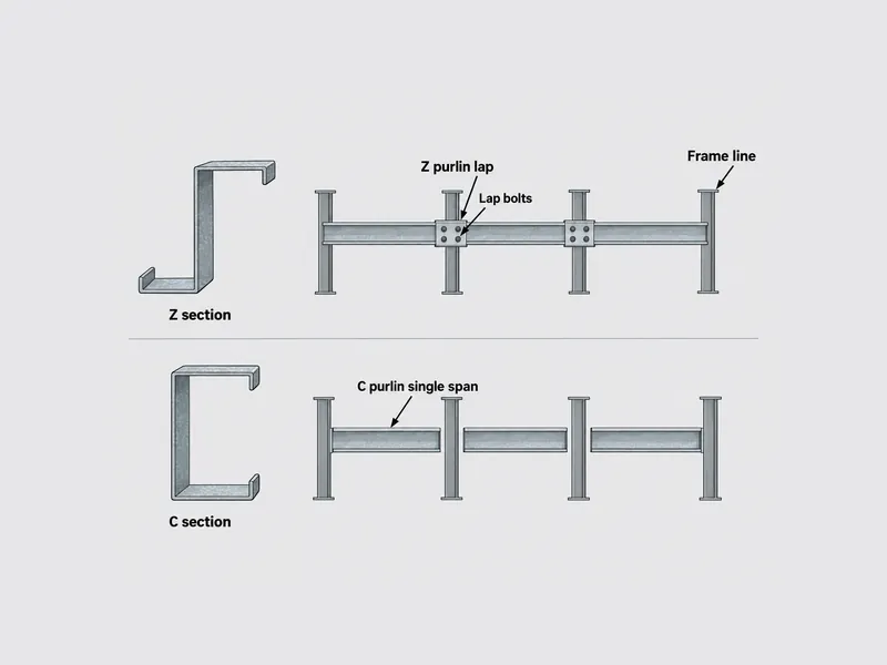 Alzado lateral que compara correas de edificios metálicos de perfil Z solapadas que discurren de forma continua sobre las líneas de pórtico con correas de perfil C utilizadas como vanos simples