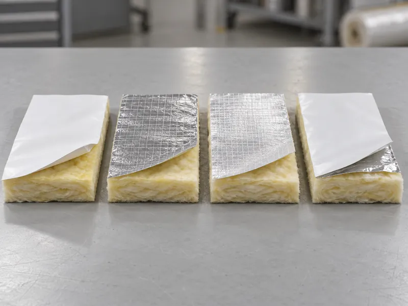 Échantillons découpés de revêtements pare-vapeur pour bâtiments métalliques en vinyle, kraft-feuille-armature et métallisé blanc, laminés sur fibre de verre, comparés selon leur perméance