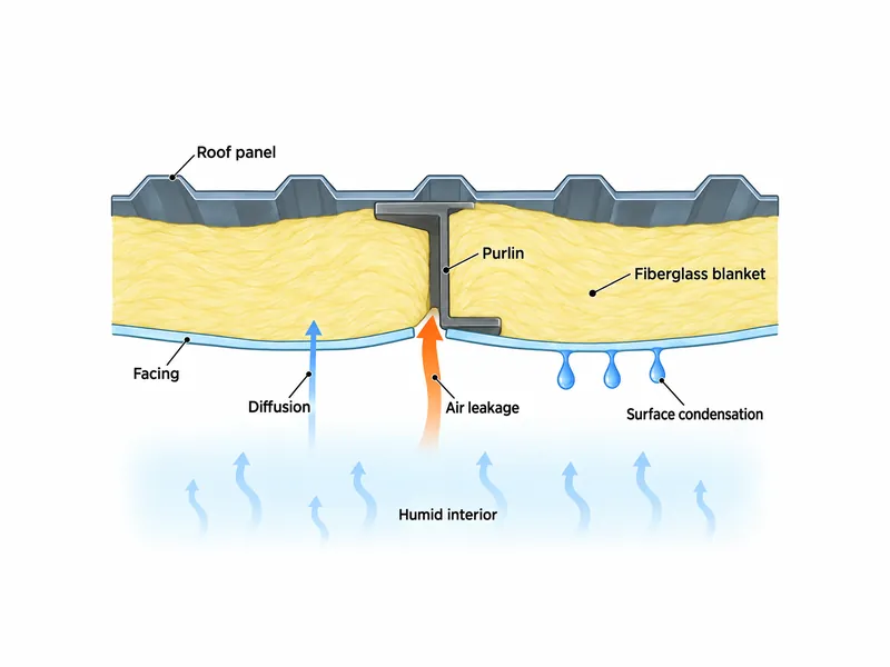 Schéma en coupe d'une toiture métallique montrant les chemins de diffusion, de fuites d'air et de condensation superficielle à travers le pare-vapeur d'un bâtiment métallique