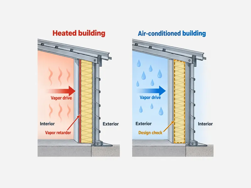 Schéma comparatif côte à côte de la pose du pare-vapeur dans un bâtiment métallique chauffé et dans un bâtiment climatisé en climat humide