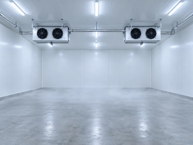 Chambre de congélation vide dans un bâtiment de chambre froide préfabriqué, avec des évaporateurs suspendus à la structure de toiture avant la mise en service
