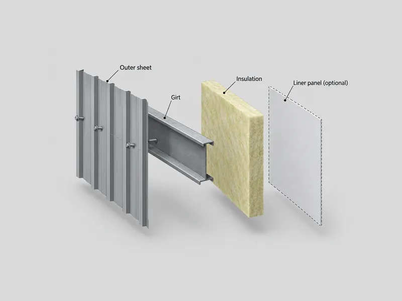 Diagrama de despiece de una pared de panel metálico monocapa que muestra la chapa exterior fijada a una correa de muro, con el aislamiento y un panel de revestimiento interior opcional como capas independientes a asignar