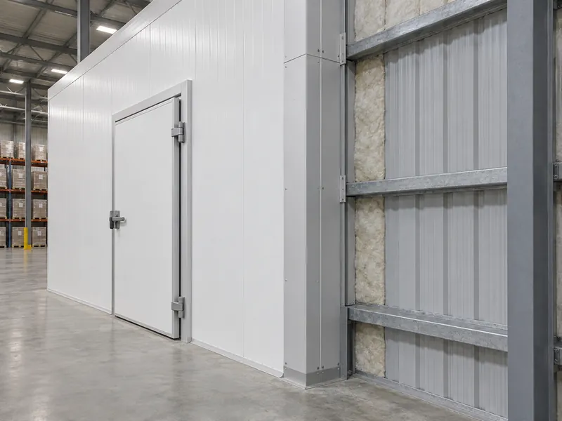 Interior de un edificio de acero donde el muro de una cámara frigorífica de panel sándwich aislado se encuentra con el revestimiento de panel metálico monocapa, con remates que cierran la unión