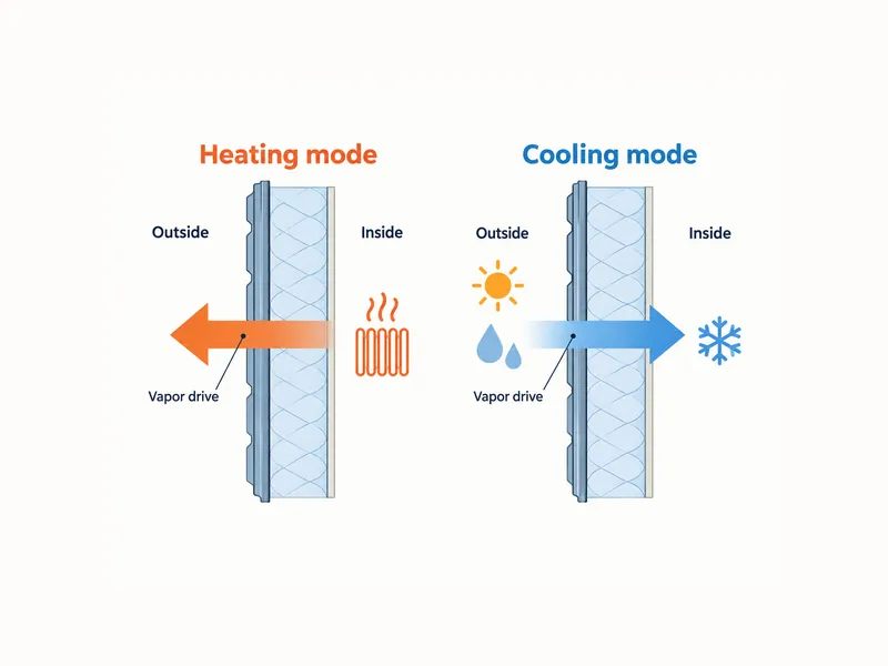 Diagrama del empuje de vapor a través de una pared de panel metálico monocapa, que se invierte entre un edificio calefactado y un edificio climatizado en un clima cálido y húmedo